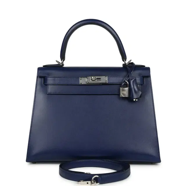 hermes Pre-owned Hermes Kelly Sellier 28 Bleu Saphir Box Palladium Hardware