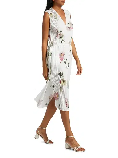 Vince Women's Wilted Peony Pleated V-Neck Midi-Dress - White Peony - Size Small | Thumbnail 2
