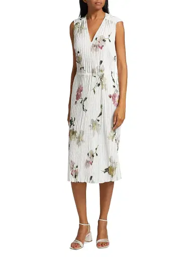 Vince Women's Wilted Peony Pleated V-Neck Midi-Dress - White Peony - Size Small | Thumbnail 3