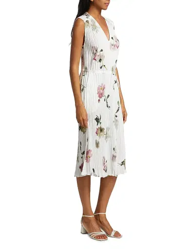 Vince Women's Wilted Peony Pleated V-Neck Midi-Dress - White Peony - Size Small | Thumbnail 4