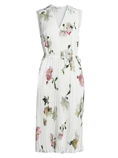 Vince Women's Wilted Peony Pleated V-Neck Midi-Dress - White Peony - Size Small | Thumbnail 1