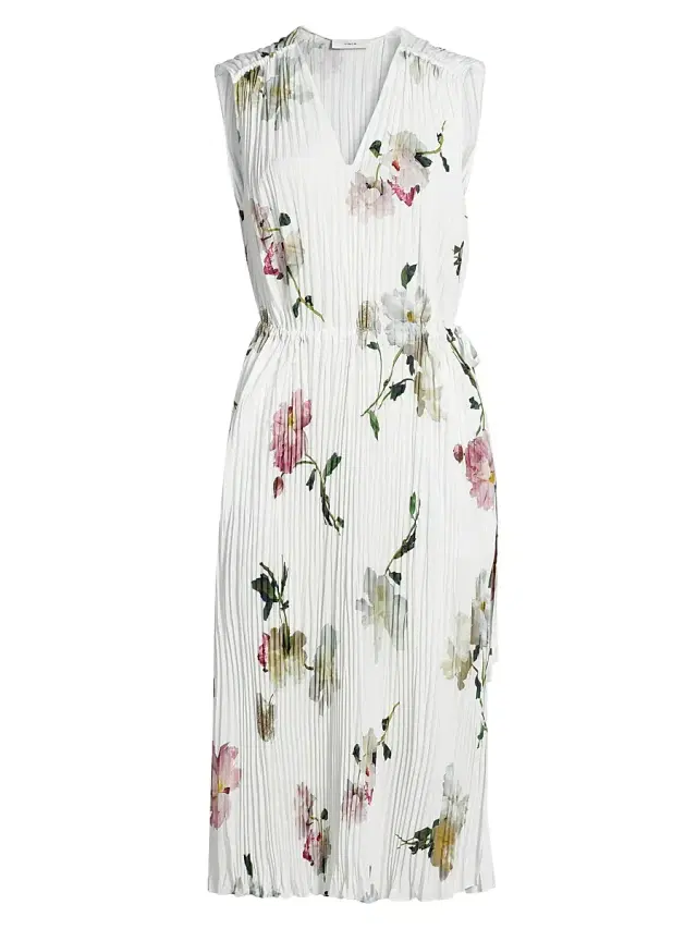 Vince Women's Wilted Peony Pleated V-Neck Midi-Dress - White Peony