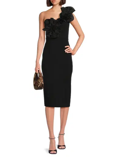 Aidan Mattox Women's Crepe Floral-Appliqué One-Shoulder Midi-Dress - Black | Thumbnail 2 Aidan Mattox Women's Crepe Floral-Appliqué One-Shoulder Midi-Dress - Black | Thumbnail 2