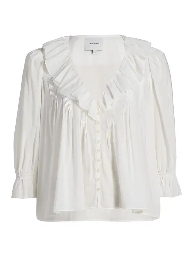 Reformation Women's Perry Ruffle-Trim Cotton-Blend Top - White
