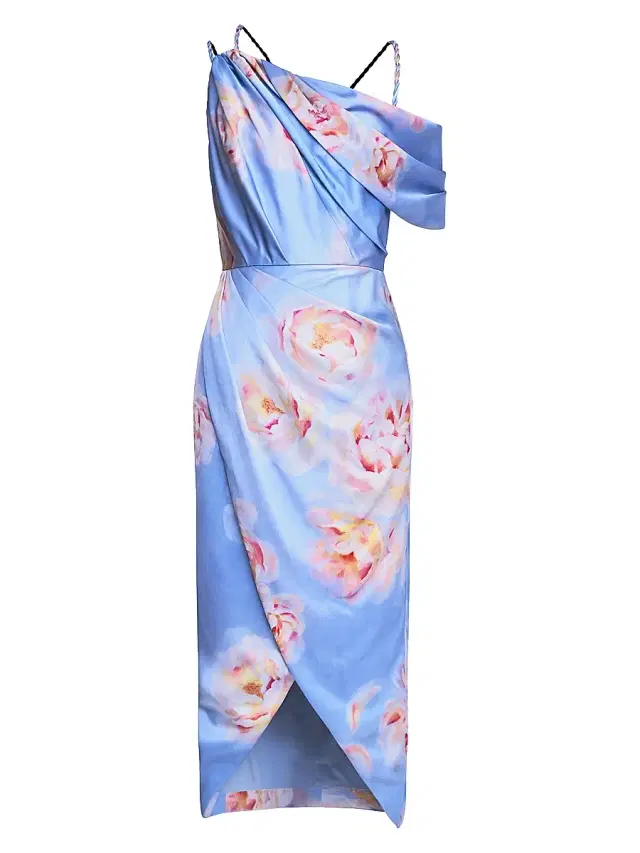 Theia Women's Yannah Satin Wrap Cocktail Midi-Dress - Pearl Roses