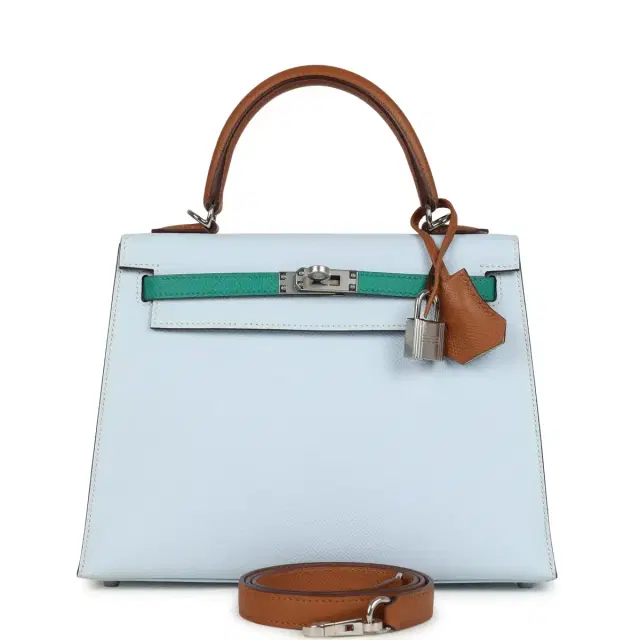hermes Hermes Kelly Sellier 25 Tri-Color Bleu Brume, Gold and Vert Jade Epsom Epsom Palladium Hardware