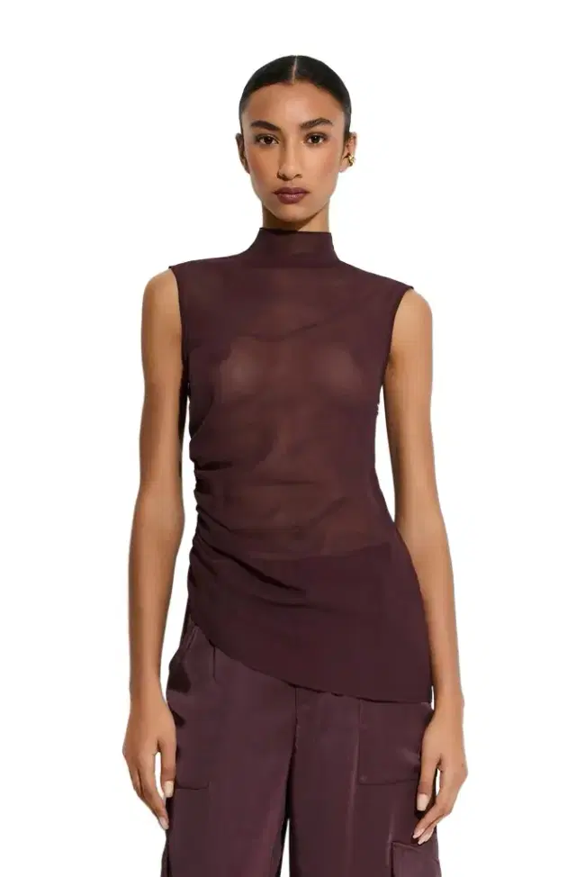 LAPOINTE Lightweight Georgette Mock Neck Ruched Top