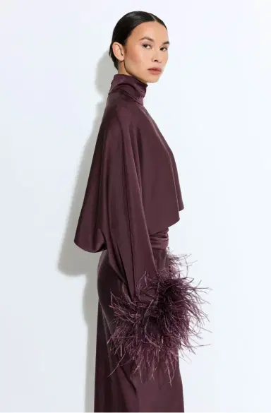 Lapointe Lightweight Satin Caftan Top With Feathers | Thumbnail 3 Lapointe Lightweight Satin Caftan Top With Feathers | Thumbnail 3