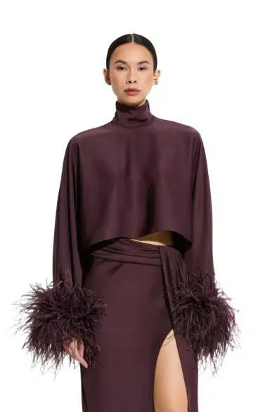 Lapointe Lightweight Satin Caftan Top With Feathers | Thumbnail 1 Lapointe Lightweight Satin Caftan Top With Feathers | Thumbnail 1