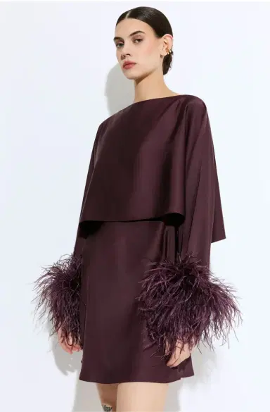 Lapointe Lightweight Satin Layered Mini Dress With Feathers | Thumbnail 3