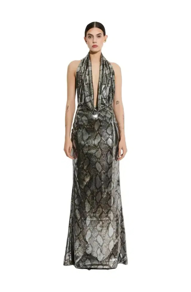 LAPOINTE Metal Snake Deep Cowl Neck Gown