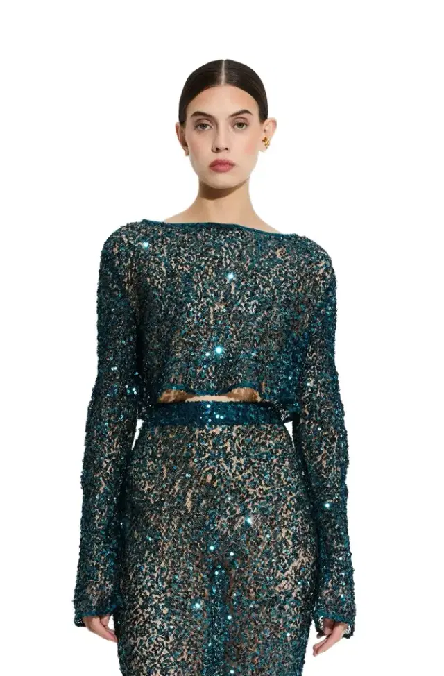 LAPOINTE Net Paillette Cropped Boatneck Top