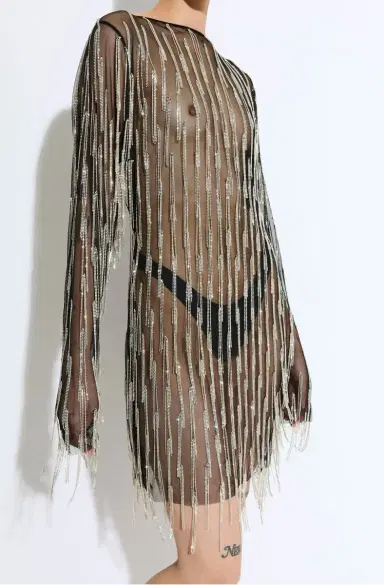 Lapointe Rhinestone Fringe Boatneck Mini Dress | Thumbnail 3