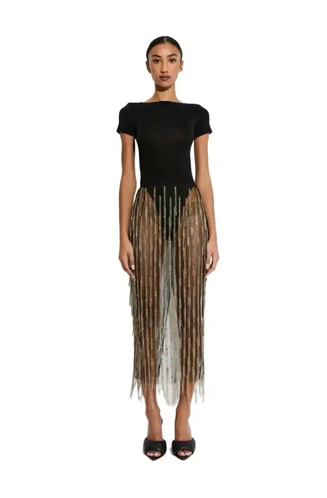 LAPOINTE Rhinestone Fringe High Waist Skirt