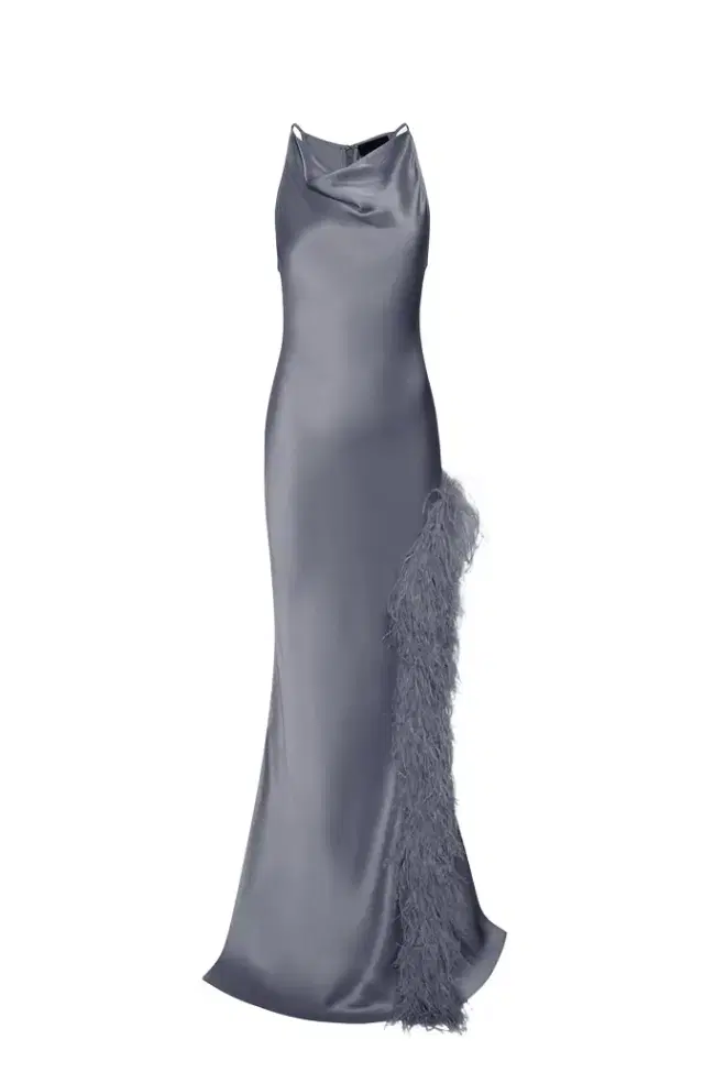 Satin Halter Gown With Feathers