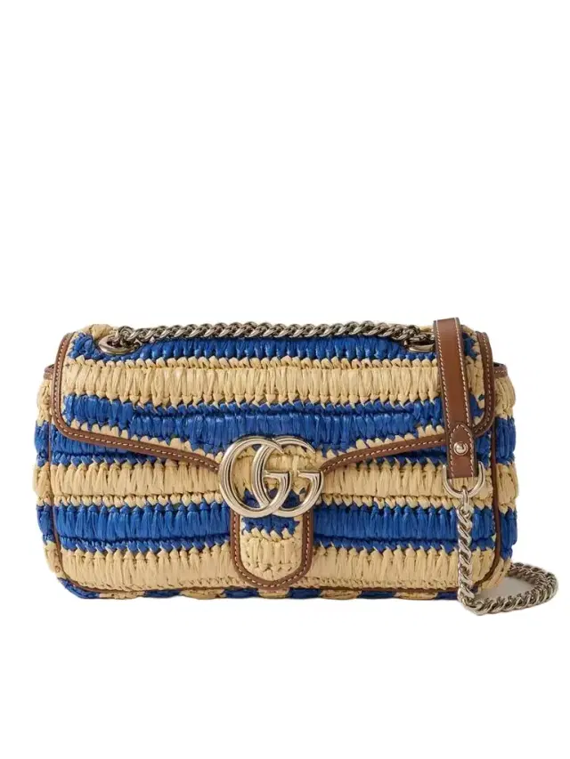 Gg Marmont 2.0 Leather-trimmed Striped Raffia Shoulder Bag