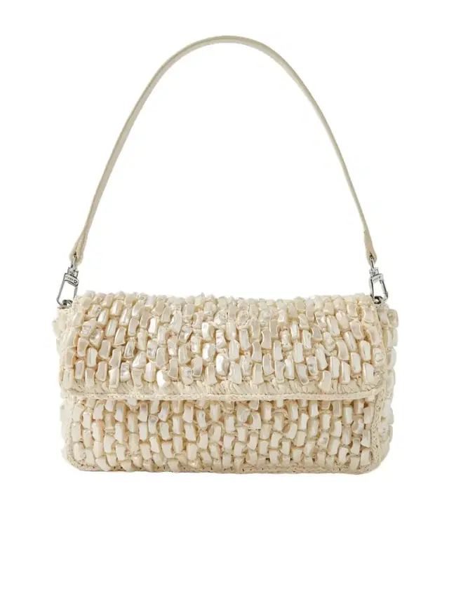 Timmy Leather-trimmed Embellished Raffia Shoulder Bag