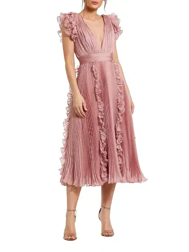Mac Duggal Women's V-Neck Pleated Chiffon Ruffle Midi-Dress - Rose | Thumbnail 1 Mac Duggal Women's V-Neck Pleated Chiffon Ruffle Midi-Dress - Rose | Thumbnail 1