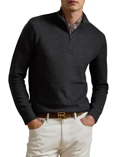 Ralph Lauren Purple Label Men's Piqué-Knit Wool Quarter-Zip Sweater - Medium Grey Melange - Size XXL | Thumbnail 3