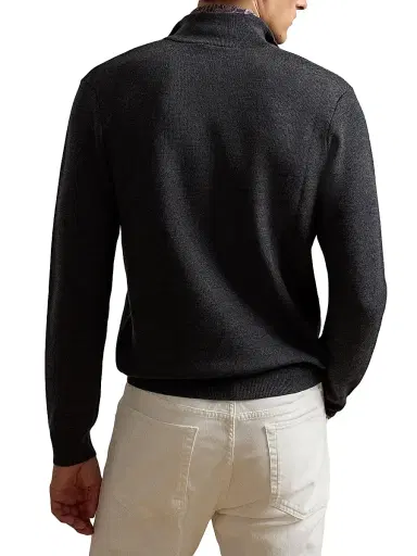 Ralph Lauren Purple Label Men's Piqué-Knit Wool Quarter-Zip Sweater - Medium Grey Melange - Size XXL | Thumbnail 4