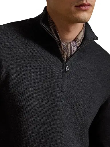 Ralph Lauren Purple Label Men's Piqué-Knit Wool Quarter-Zip Sweater - Medium Grey Melange - Size XXL | Thumbnail 5
