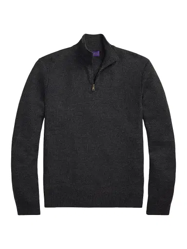 Ralph Lauren Purple Label Men's Piqué-Knit Wool Quarter-Zip Sweater - Medium Grey Melange - Size XXL | Thumbnail 1