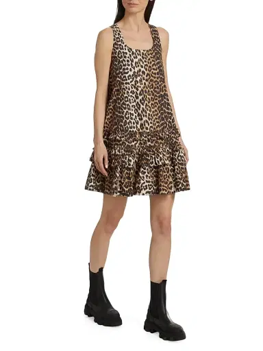 Ganni Women's Leopard-Print Cotton Poplin U-Neck Minidress | Thumbnail 2 Ganni Women's Leopard-Print Cotton Poplin U-Neck Minidress | Thumbnail 2