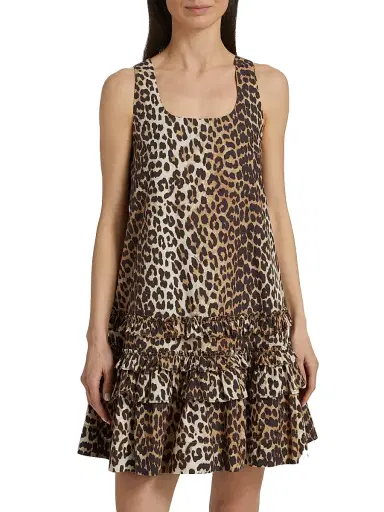 Ganni Women's Leopard-Print Cotton Poplin U-Neck Minidress | Thumbnail 3 Ganni Women's Leopard-Print Cotton Poplin U-Neck Minidress | Thumbnail 3