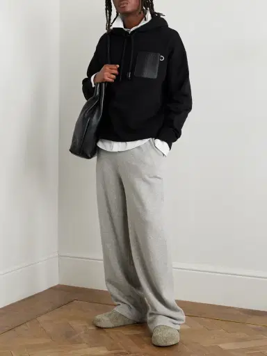 Loewe Logo-Debossed Leather-Trimmed Cotton-Jersey Hoodie - Men | Thumbnail 2 Loewe Logo-Debossed Leather-Trimmed Cotton-Jersey Hoodie - Men | Thumbnail 2