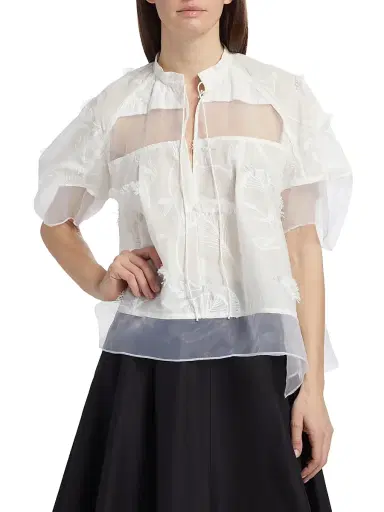3.1 Phillip Lim Women's Embroidered Cotton Voile & Chiffon Flounce Top - White - Size Large | Thumbnail 3
