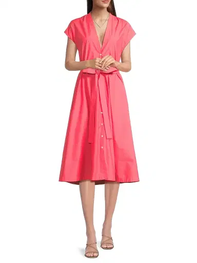 Natori Women's Techno Poplin Tie-Waist A-Line Midi-Dress - Vivid Coral - Size Small | Thumbnail 2 Natori Women's Techno Poplin Tie-Waist A-Line Midi-Dress - Vivid Coral - Size Small | Thumbnail 2