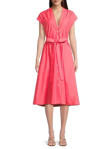 Natori Women's Techno Poplin Tie-Waist A-Line Midi-Dress - Vivid Coral - Size Small | Thumbnail 3 Natori Women's Techno Poplin Tie-Waist A-Line Midi-Dress - Vivid Coral - Size Small | Thumbnail 3