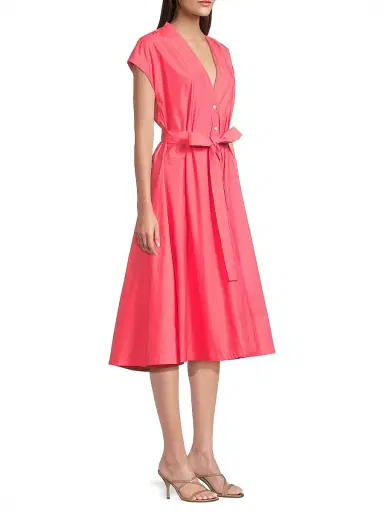 Natori Women's Techno Poplin Tie-Waist A-Line Midi-Dress - Vivid Coral - Size Small | Thumbnail 4 Natori Women's Techno Poplin Tie-Waist A-Line Midi-Dress - Vivid Coral - Size Small | Thumbnail 4