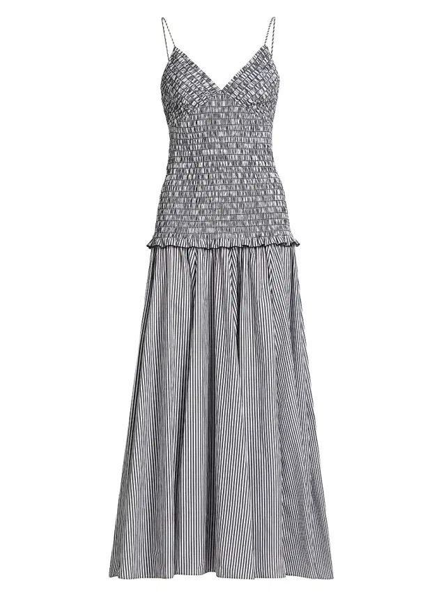 Brandon Maxwell Women's The Josie Smocked Cotton Midi-Dress - Black White Stripe