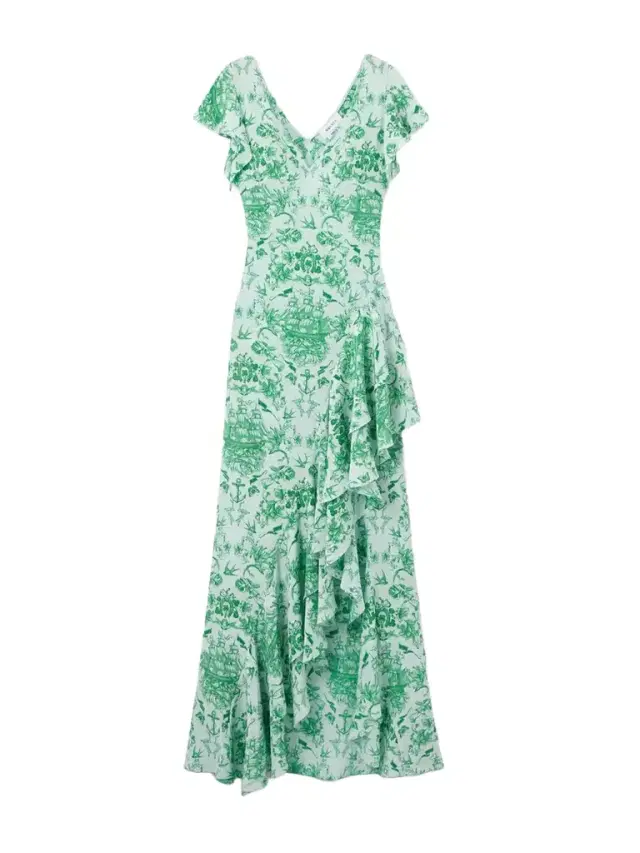 Asymmetric Ruffled Printed Silk-satin Maxi Dress