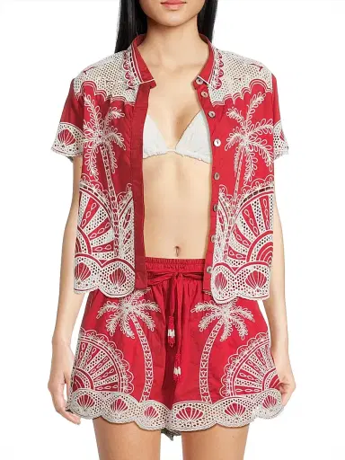 Farm Rio Women's Palm Trees Crochet Short-Sleeve Shirt - Red | Thumbnail 3 Farm Rio Women's Palm Trees Crochet Short-Sleeve Shirt - Red | Thumbnail 3