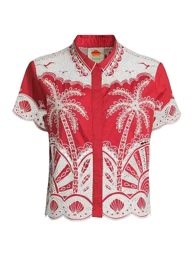 Farm Rio Women's Palm Trees Crochet Short-Sleeve Shirt - Red | Thumbnail 1 Farm Rio Women's Palm Trees Crochet Short-Sleeve Shirt - Red | Thumbnail 1