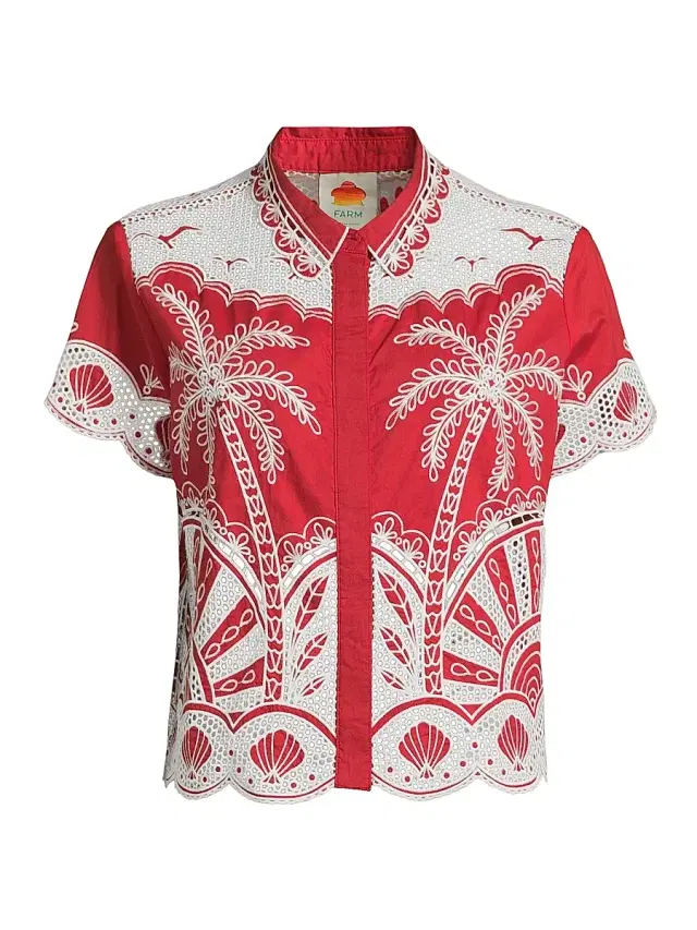 Women's Palm Trees Crochet Short-Sleeve Shirt - Red