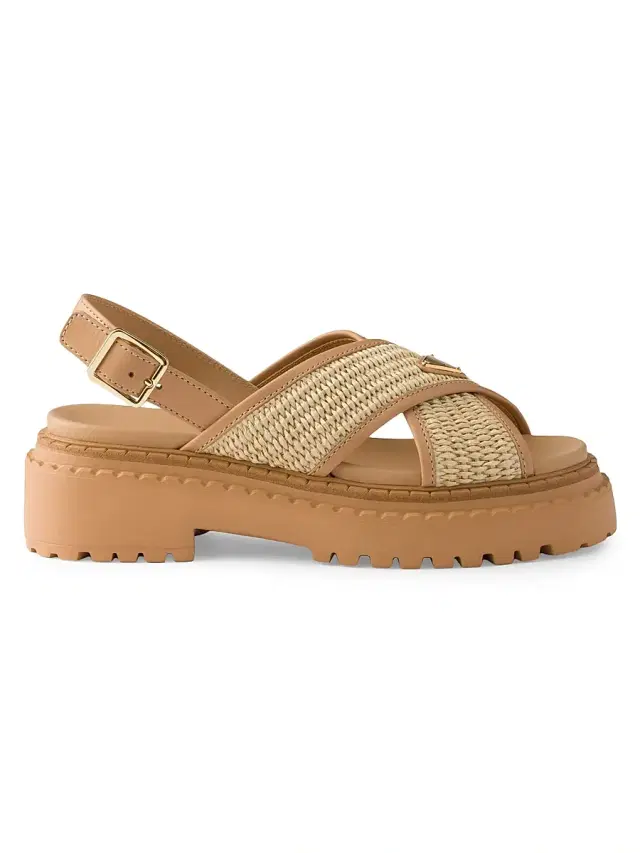 Prada Women's Crochet and Leather Sandals - Beige Khaki