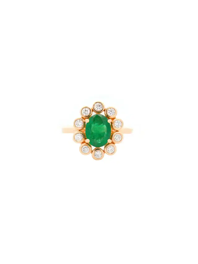 Wish Fine Jewelry 1.90ct Diamond Emerald 18K Gold Bezel Halo Ring