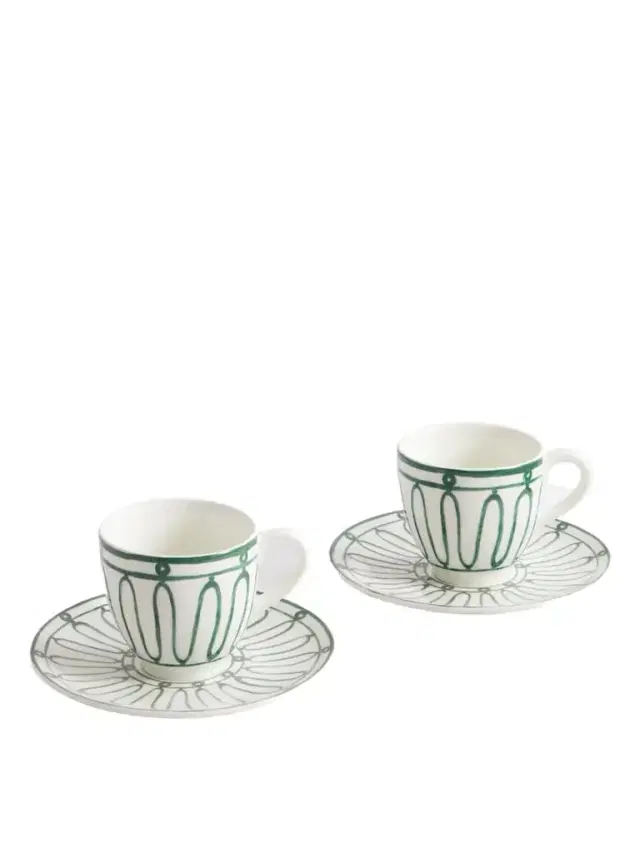 Kyma Set Of Two Painted Porcelain Cups And Saucers