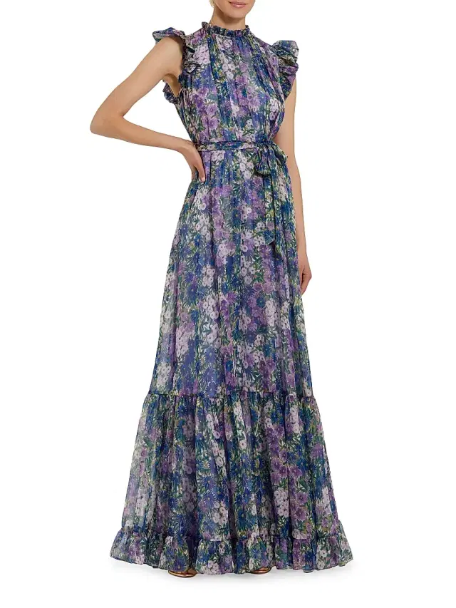 Women's Ieena Floral Print Chiffon Ruffle Gown - Lilac Multi