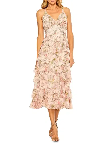 Mac Duggal Women's Floral Ruffled Sleeveless Midi-Dress - Blush Muti - Size 12 | Thumbnail 1 Mac Duggal Women's Floral Ruffled Sleeveless Midi-Dress - Blush Muti - Size 12 | Thumbnail 1