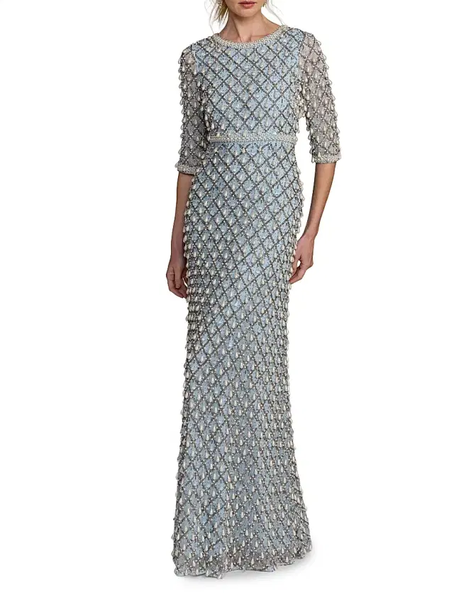 Mac Duggal Women's Evening Pearl Embellished Mesh Gown - Vintage Blue