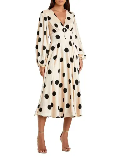 Mac Duggal Women's Ieena 2 Polka Dot Satin V-Neck Midi-Dress - Cream Black - Size 16 | Thumbnail 1