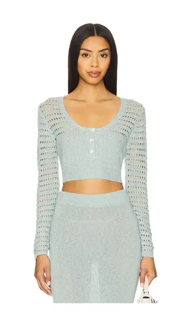 Matthew Bruch Striped Mesh Long Sleeve Cropped Henley | Thumbnail 1