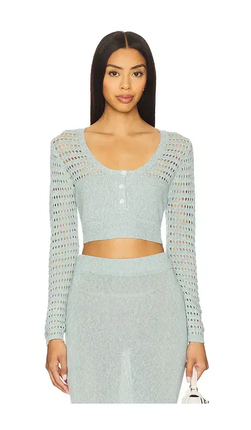 Matthew Bruch Striped Mesh Long Sleeve Cropped Henley