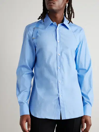 Alexander McQueen Slim-Fit Harness-Detailed Stretch-Cotton Shirt - Men - Blue - UK/US 16 | Thumbnail 3