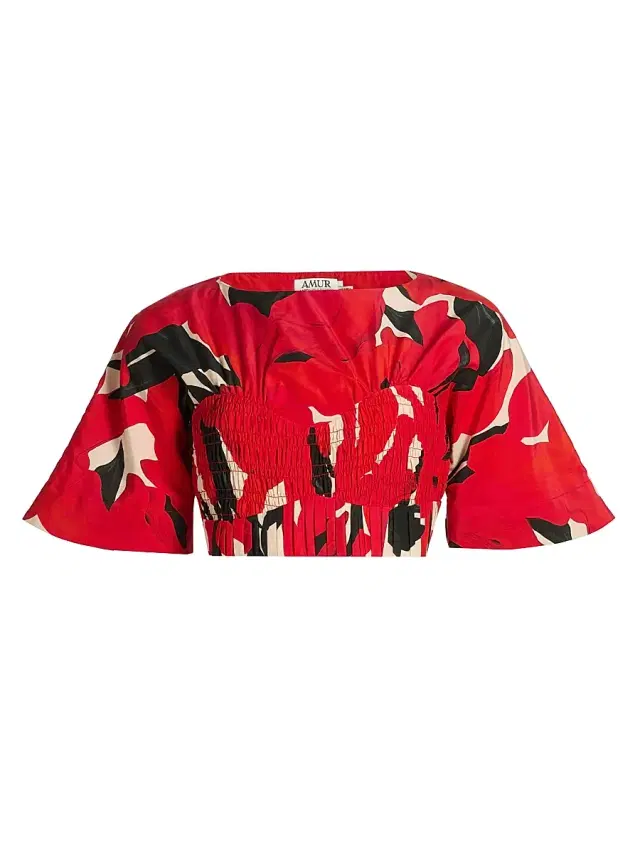 AMUR Women's Elle Smocked Cotton-Silk Crop Top - Red Bloom