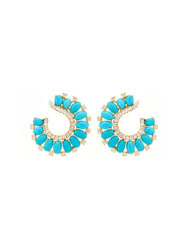 Wish Fine Jewelry 0.70ct Diamond Turquoise 18K Gold Cluster Earrings